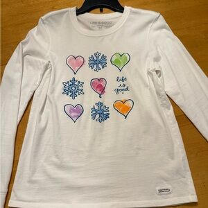 Life Is Good White Long Sleeve Tee with Colorful Hearts and Snowflakes